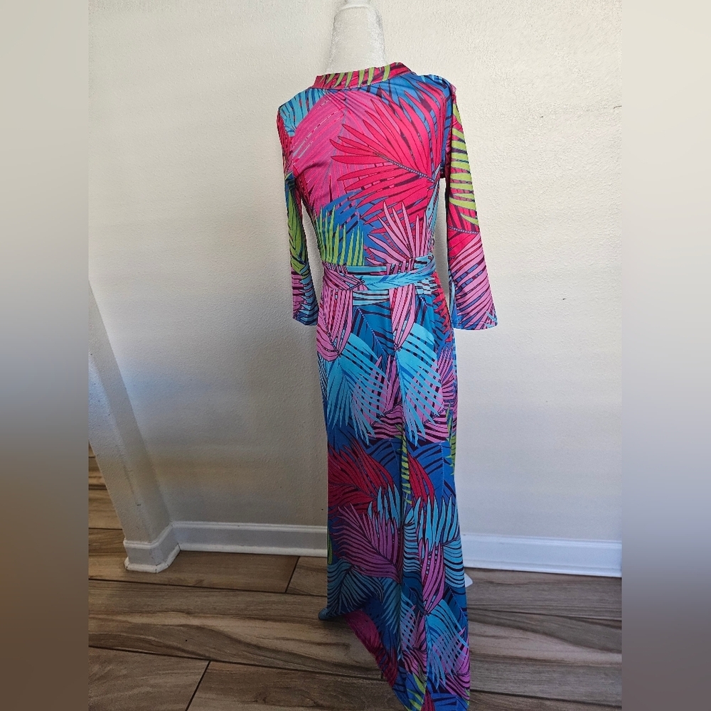 Tropical Women's Multicolor Palm Print Faux Wrap Maxi Dress Size M. - Picture 10 of 13